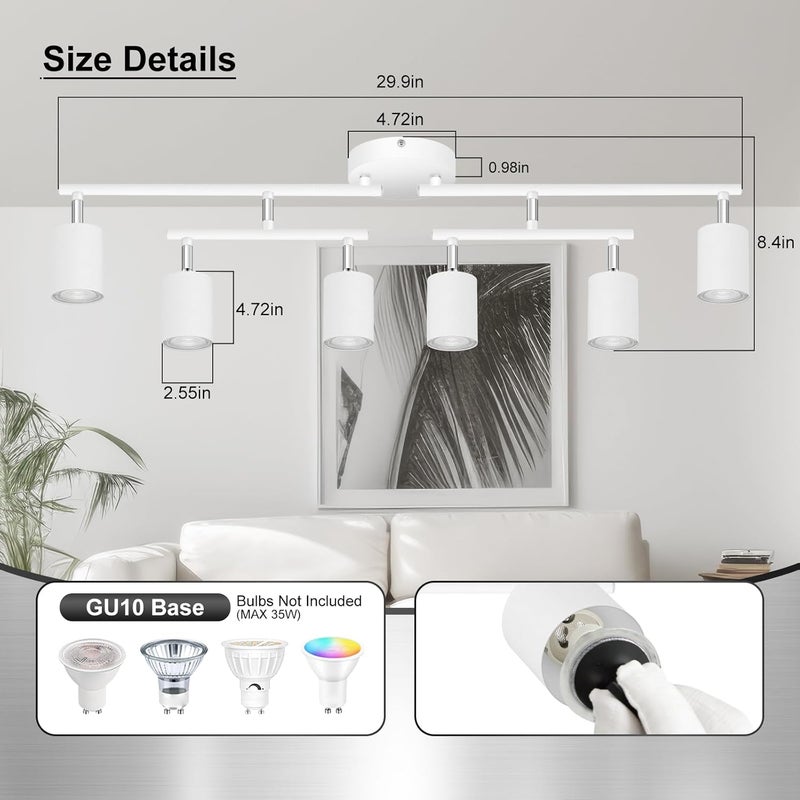 AUQUEE 6 Light Track Lighting Fixtures Ceiling, Matte White Kichen Track Lighting Fixtures with Rotatable Light Heads, Upgrade Light Poles, Modern LED Spot Lights for Kitchen/Hallway, No GU10 Bulb - Image 3